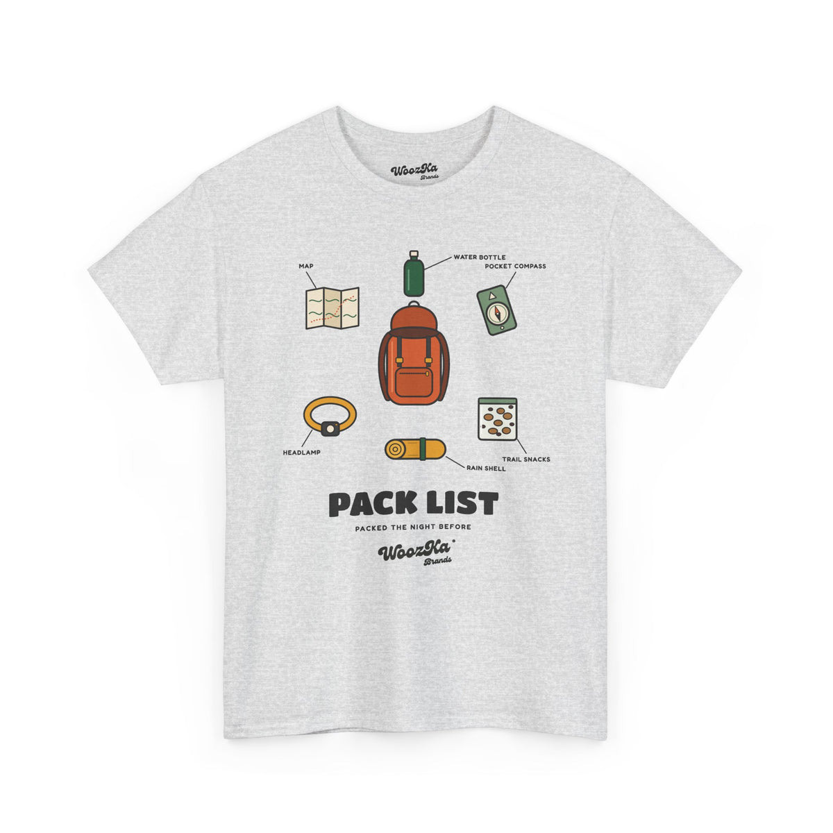 WoozKa Brands Hiking T-Shirt, Backpacking Gear List Front Print