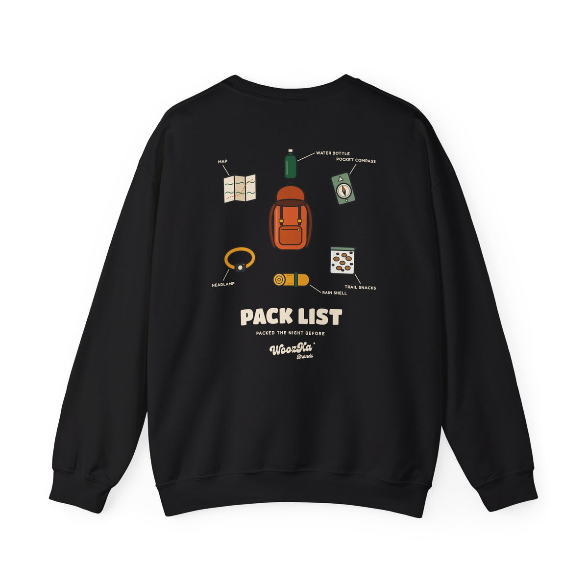 WoozKa Brands Hiking Sweatshirt, Backpacking Gear List Back Print