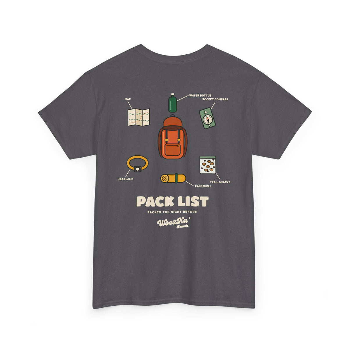 WoozKa Brands Hiking T-Shirt, Backpacking Gear List Back Print