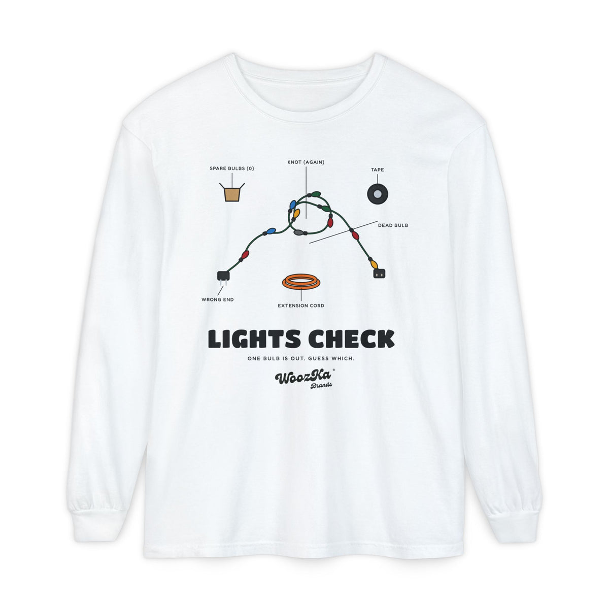 WoozKa Brands Christmas Lights Long Sleeve Tee, Funny Holiday Front Print