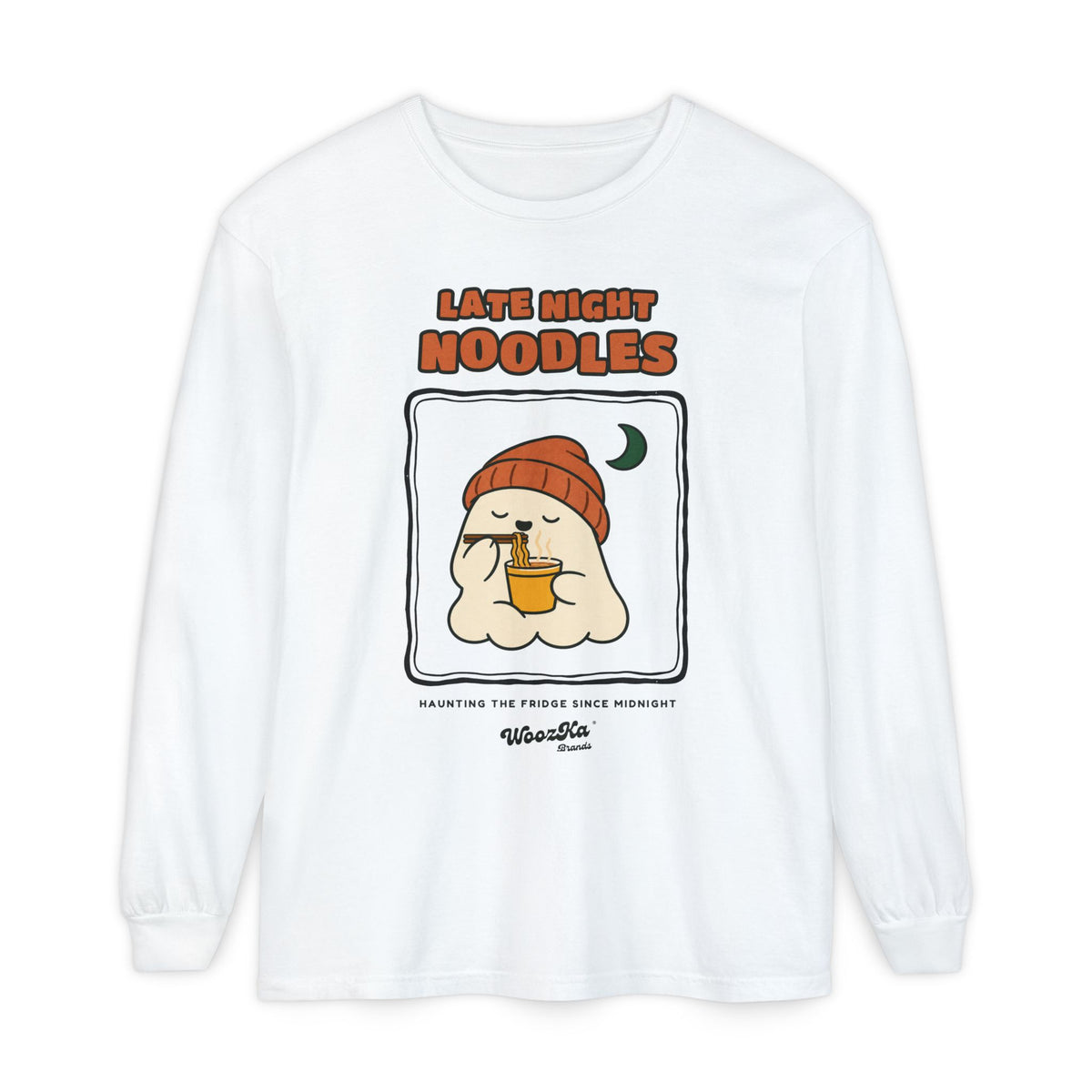 WoozKa Brands Cute Ghost Halloween Long Sleeve Tee, Ramen Front Print