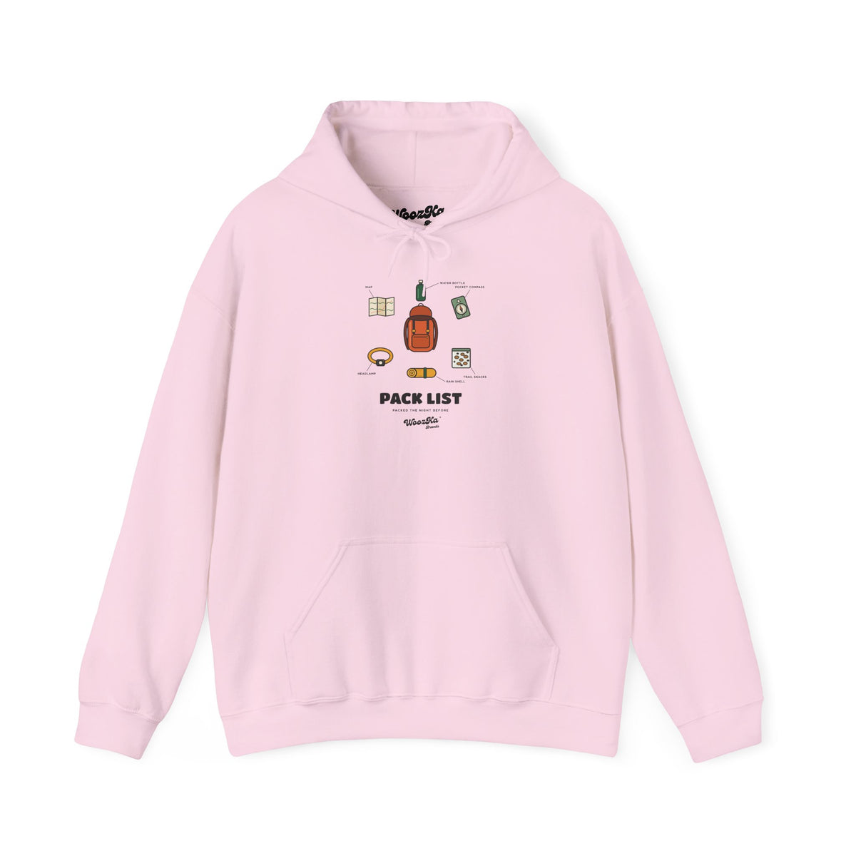 WoozKa Brands Hiking Hoodie, Backpacking Gear List Front Print