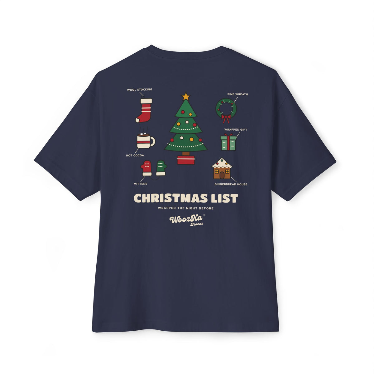 WoozKa Brands Cute Christmas Tree Oversized Tee, Holiday List Back Print