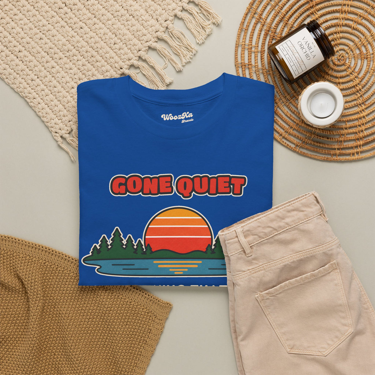 WoozKa Brands Retro Sunset Lake T-Shirt, Nature Outdoors Pine Front Print