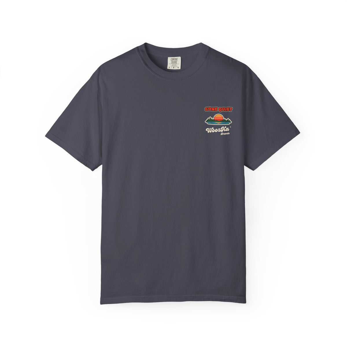 WoozKa Brands Retro Sunset Lake Heavyweight Tee, Nature Outdoors Back Print