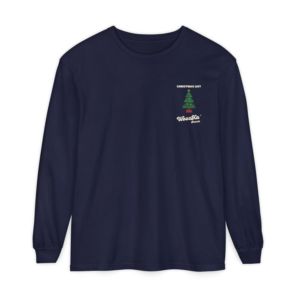 WoozKa Brands Cute Christmas Tree Long Sleeve Tee, Holiday List Back Print
