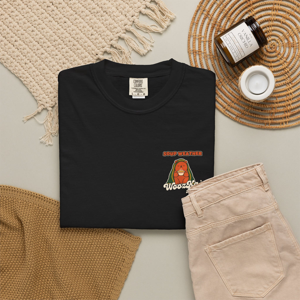 WoozKa Brands Soup Weather Bear Garment-Dyed T-Shirt, Two-Sided Graphic
