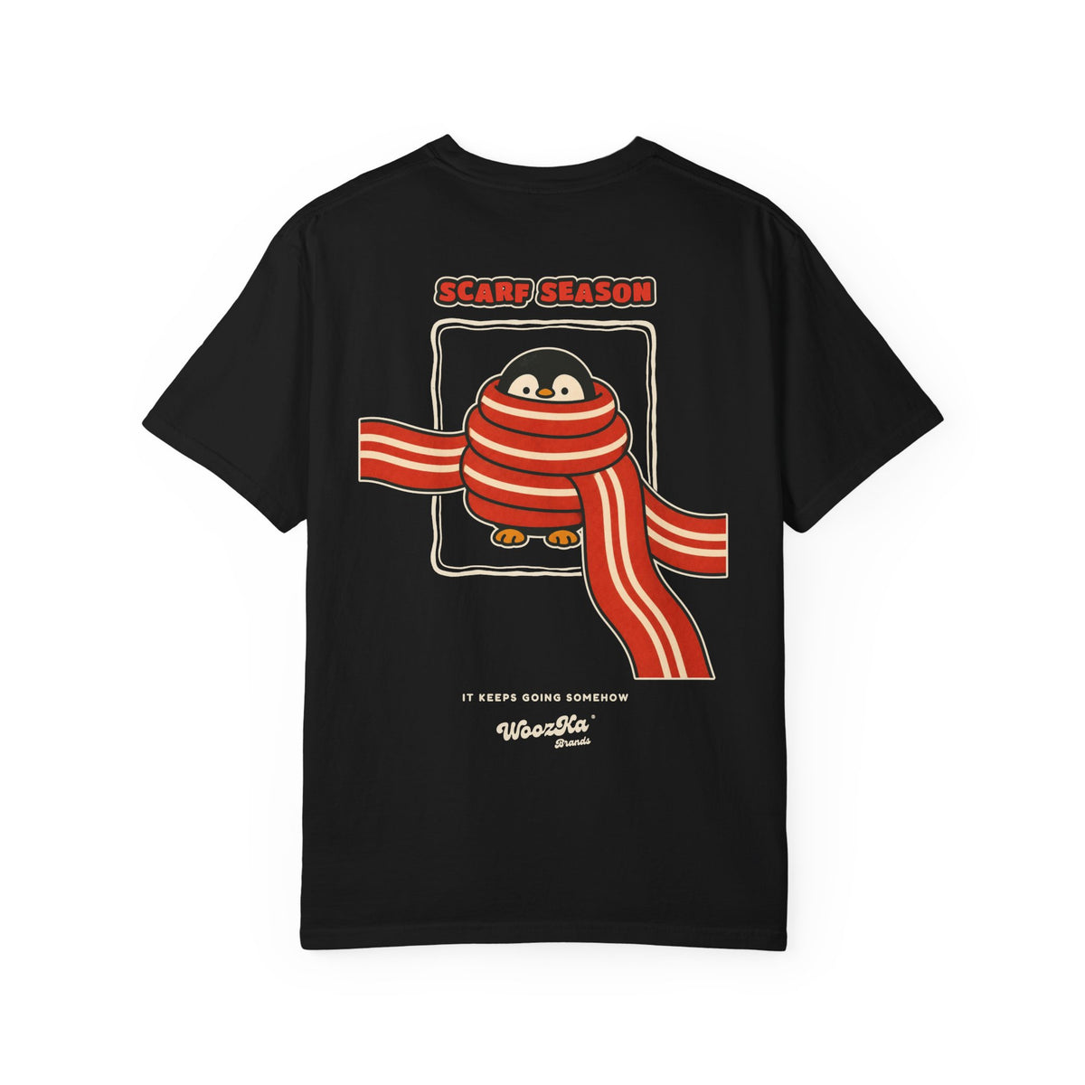 WoozKa Brands Scarf Season Penguin Garment-Dyed T-Shirt, Two-Sided Graphic