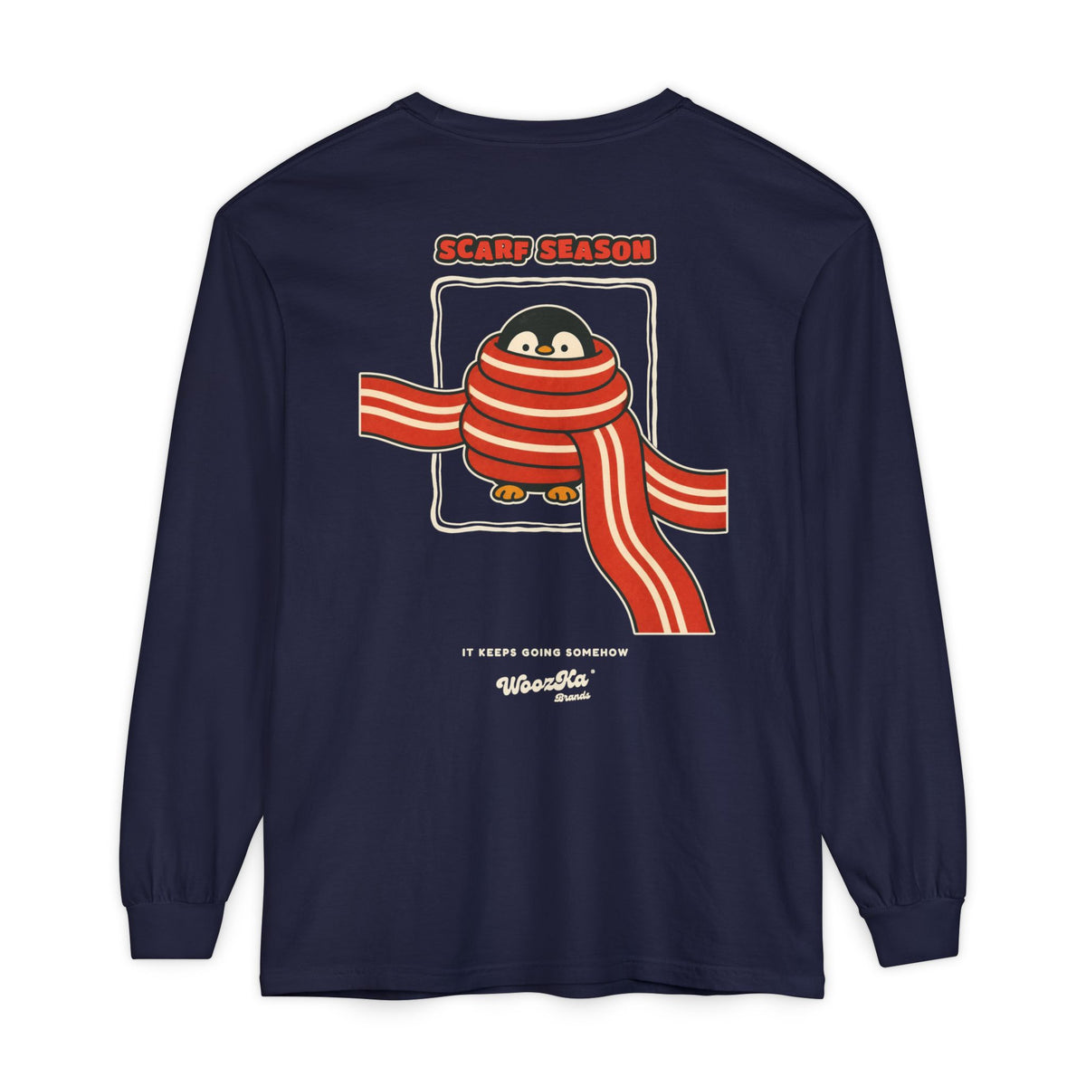 WoozKa Brands Scarf Season Penguin Long Sleeve T-Shirt, Two-Sided Graphic