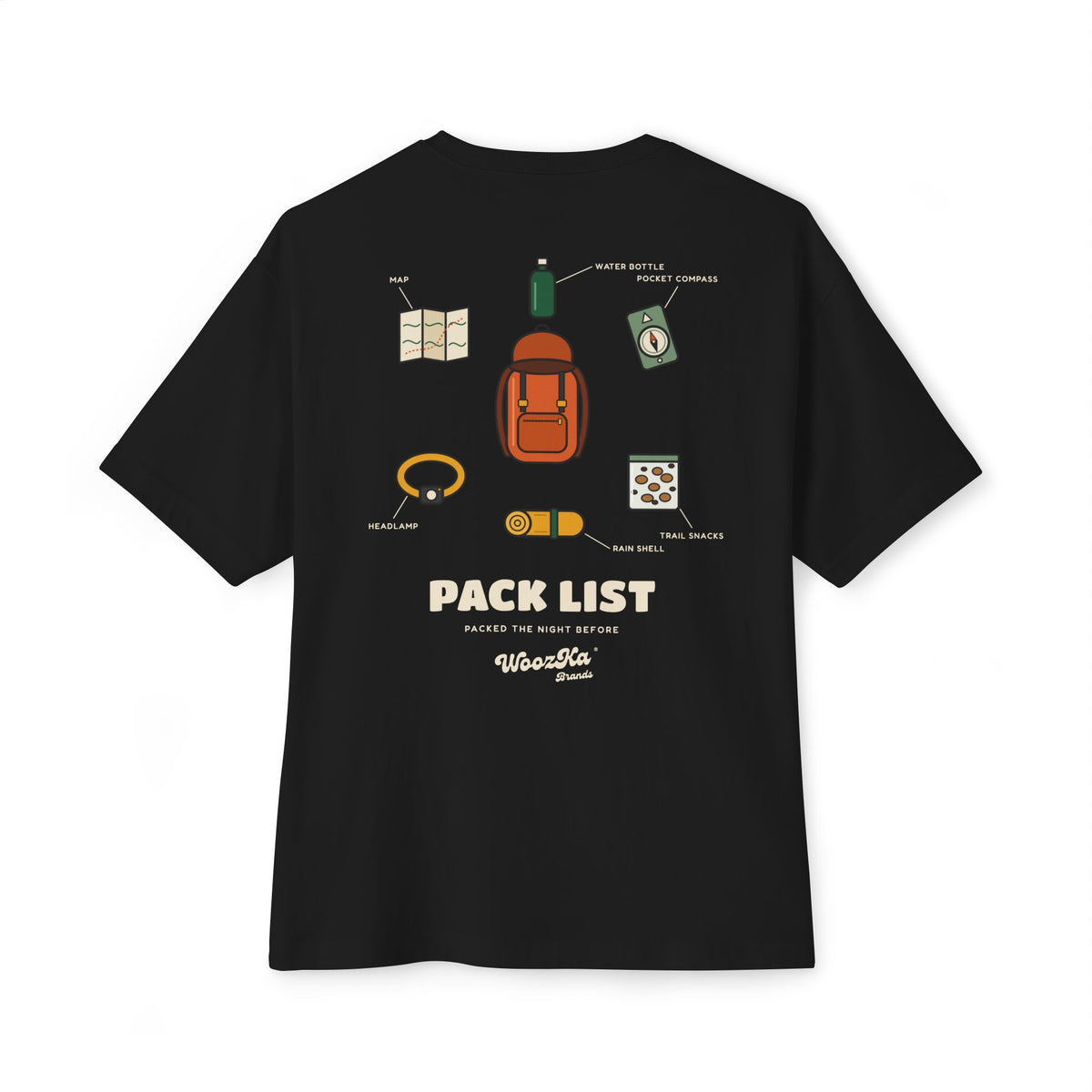 WoozKa Brands Hiking Oversized Tee, Backpacking Gear List Back Print