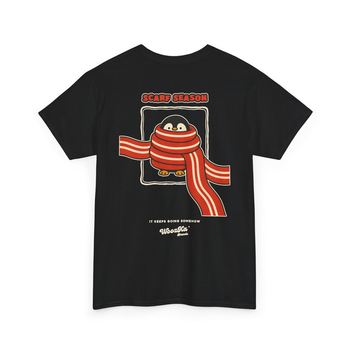 WoozKa Brands Scarf Season Penguin Heavy Cotton T-Shirt, Two-Sided Graphic