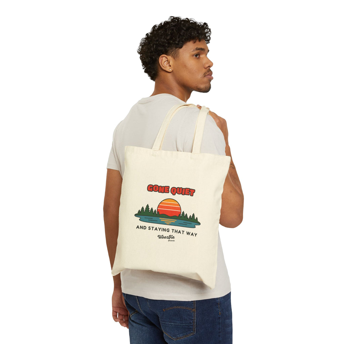 WoozKa Brands Retro Sunset Lake Tote Bag, Nature Outdoors Pine Canvas Tote