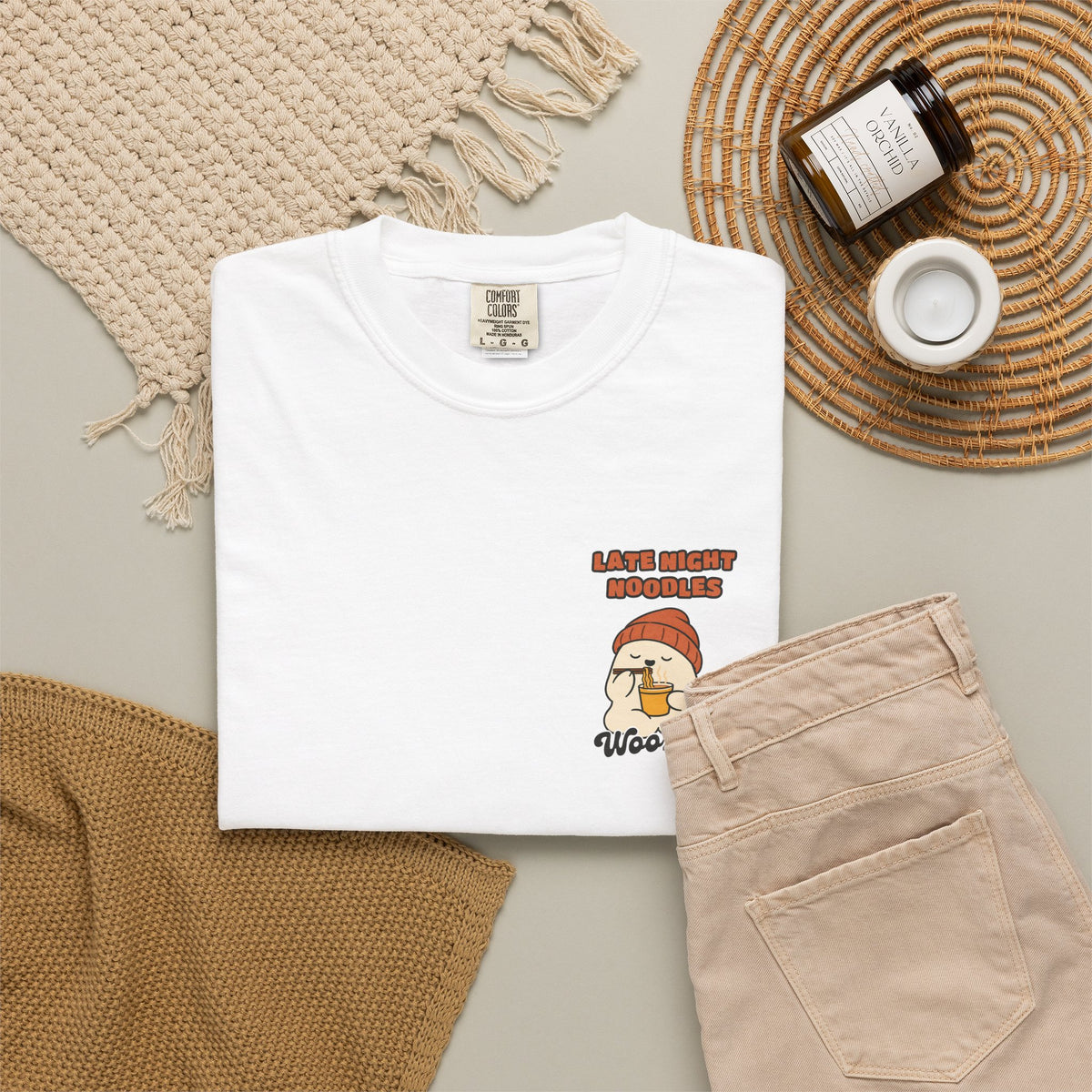 WoozKa Brands Late Night Noodles Ghost Garment-Dyed T-Shirt, Two-Sided
