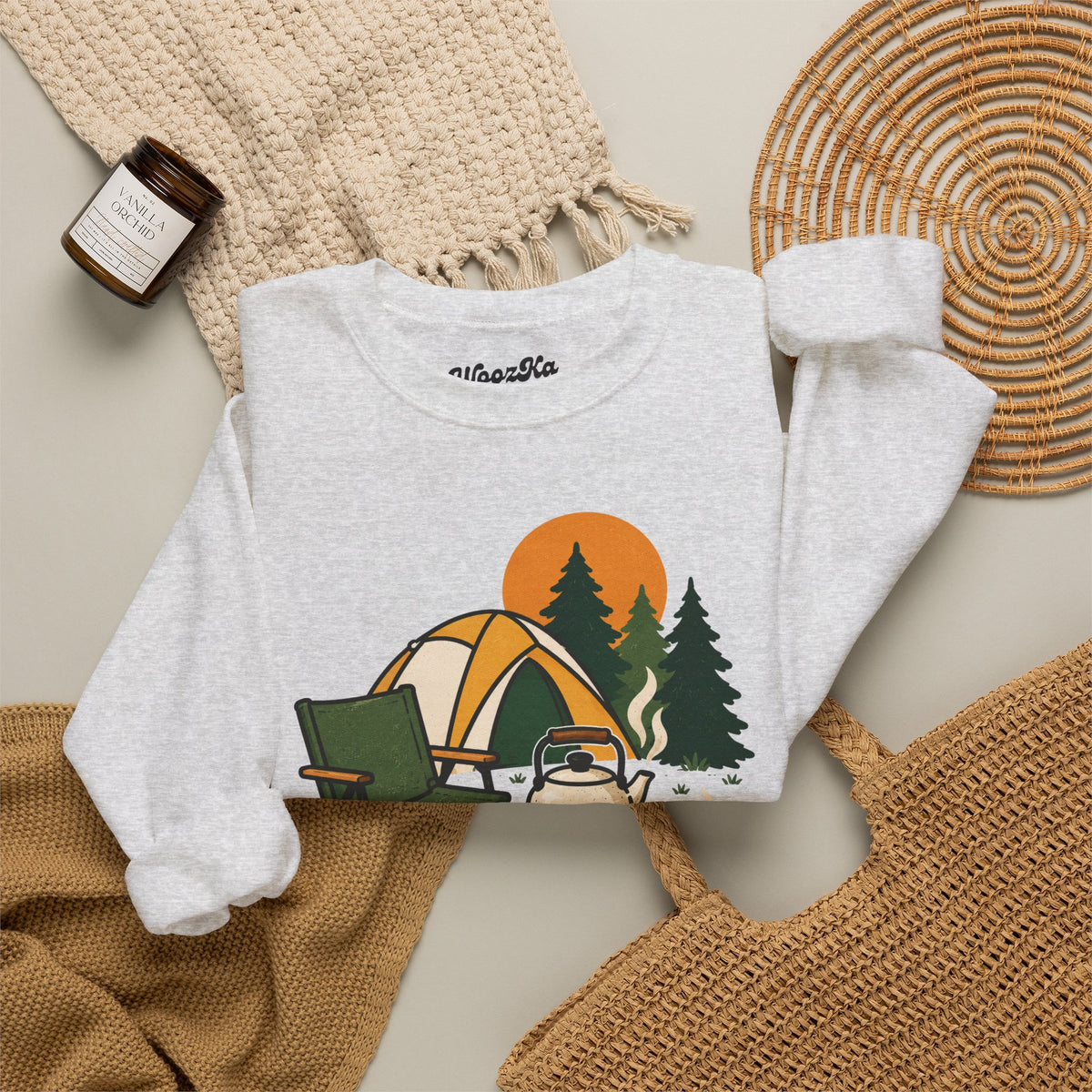 WoozKa Brands Camp Coffee Camping Crewneck Sweatshirt, Front Graphic