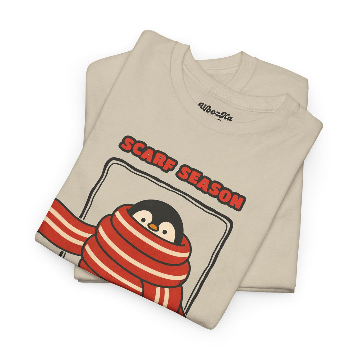 WoozKa Brands Scarf Season Penguin Heavy Cotton T-Shirt, Front Graphic