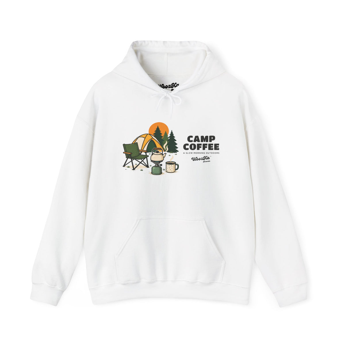 WoozKa Brands Camping Coffee Hoodie, Outdoor Tent Kettle Wide Front Print