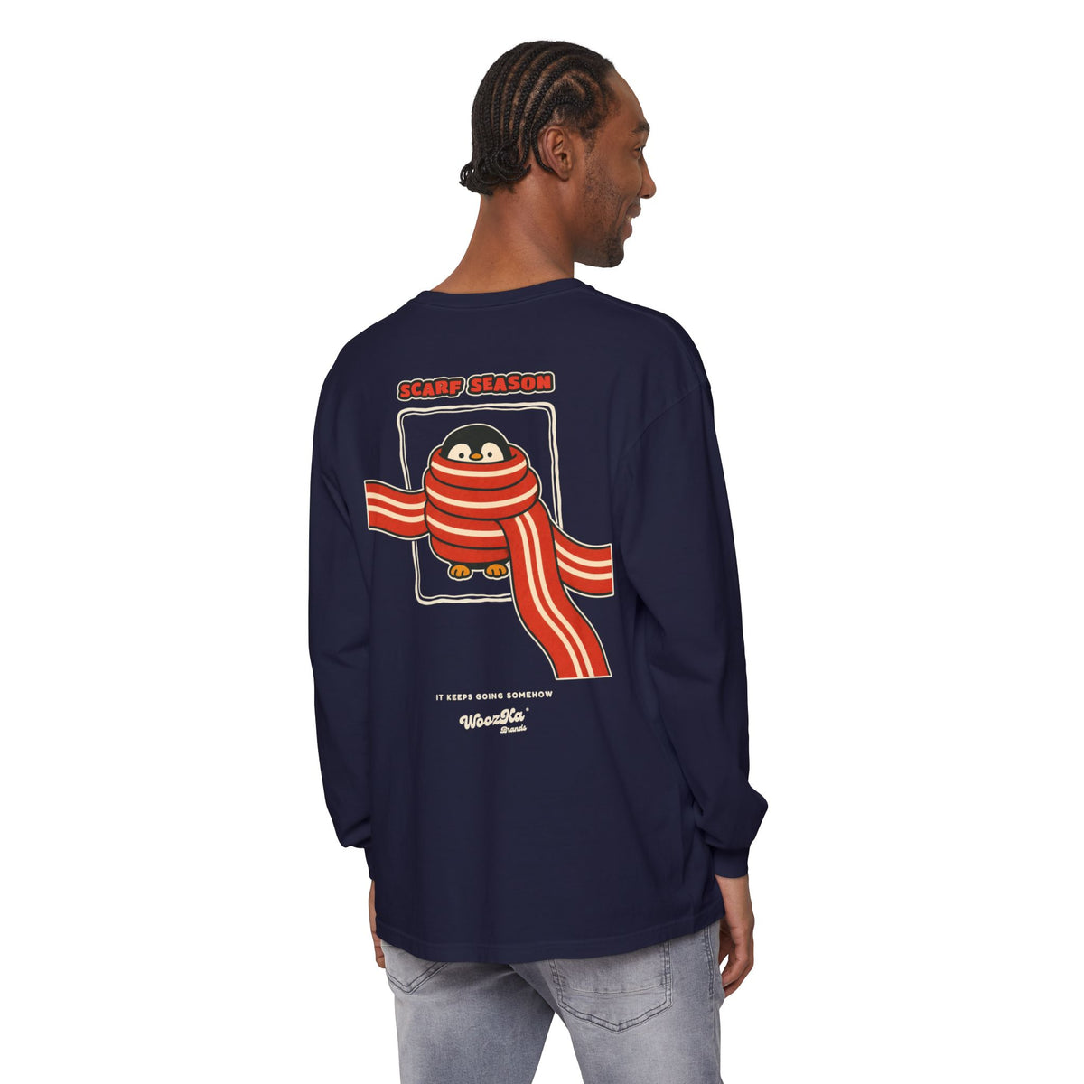 WoozKa Brands Scarf Season Penguin Long Sleeve T-Shirt, Two-Sided Graphic