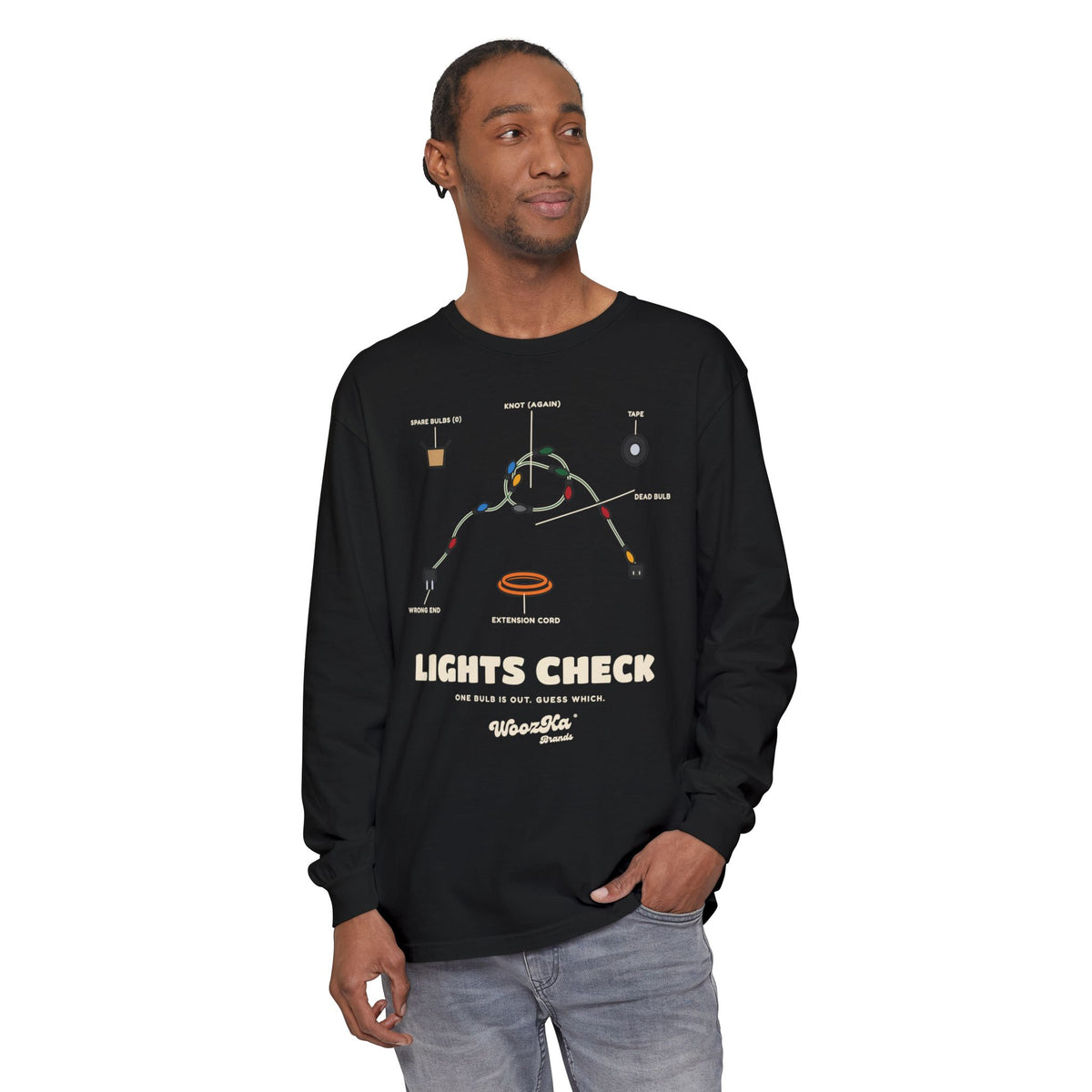 WoozKa Brands Christmas Lights Long Sleeve Tee, Funny Holiday Front Print