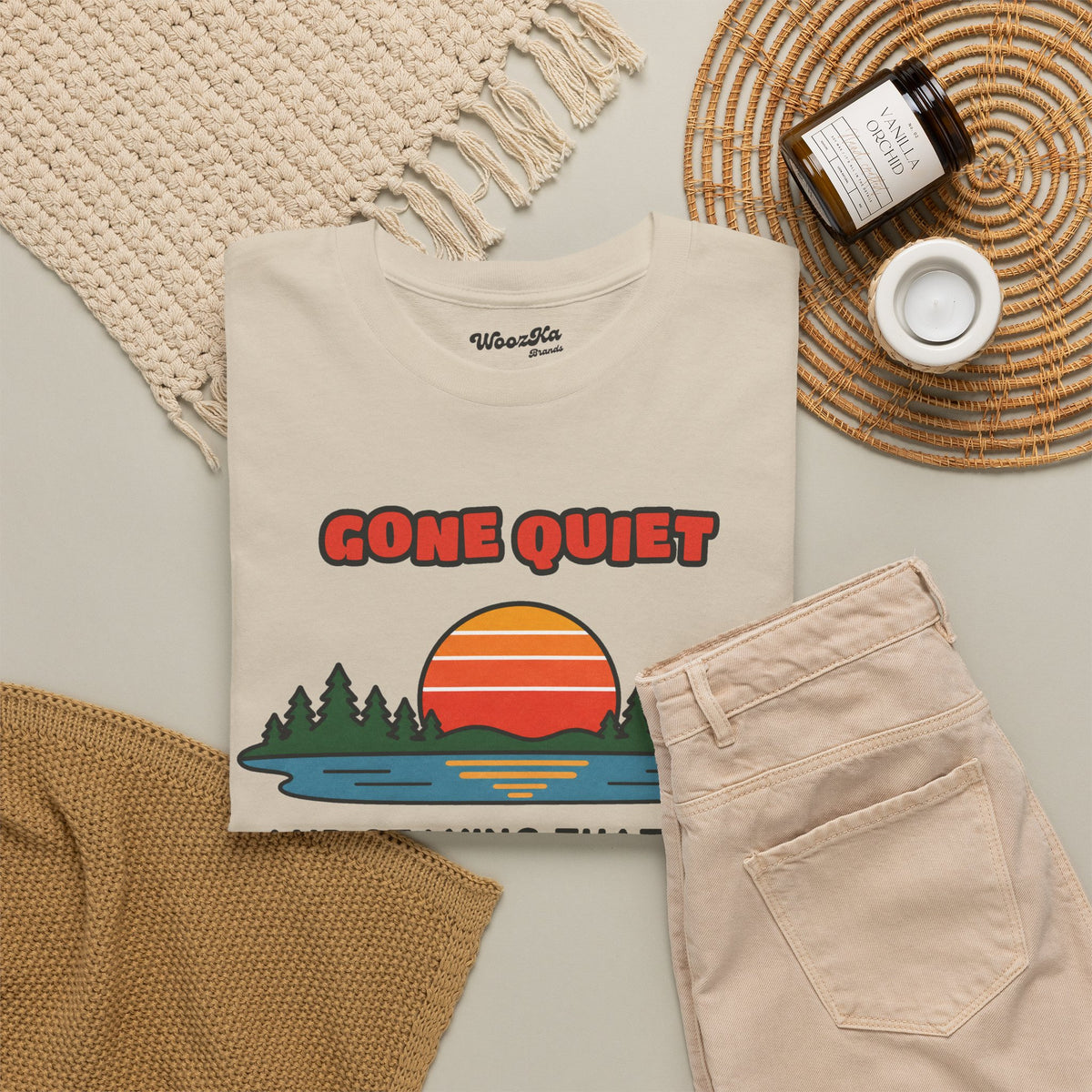 WoozKa Brands Retro Sunset Lake T-Shirt, Nature Outdoors Pine Front Print