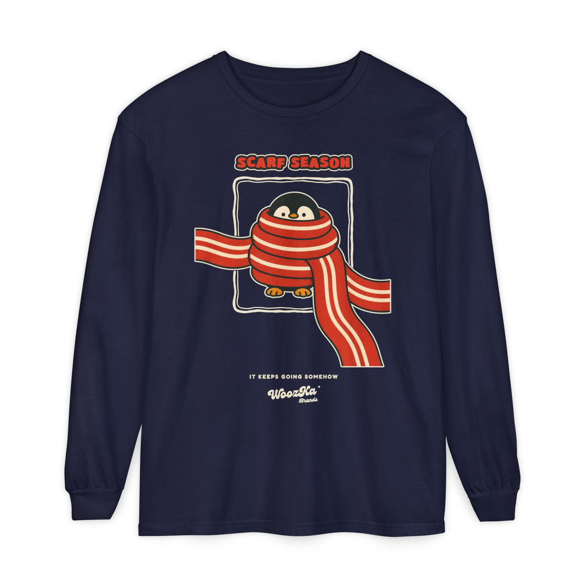 WoozKa Brands Scarf Season Penguin Long Sleeve T-Shirt, Front Graphic