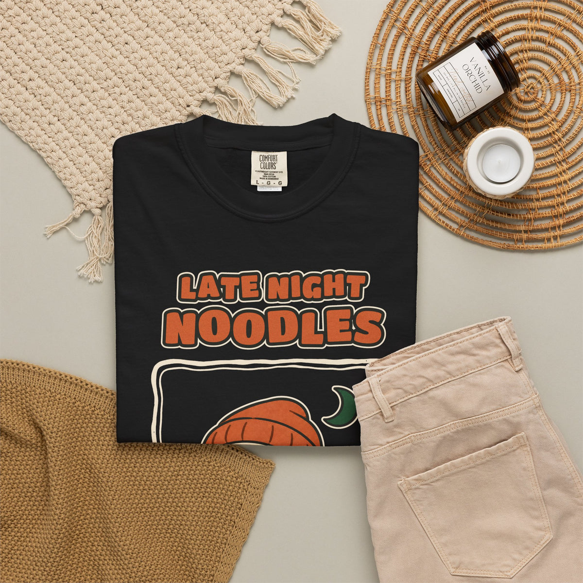 WoozKa Brands Late Night Noodles Ghost Garment-Dyed T-Shirt, Front Graphic