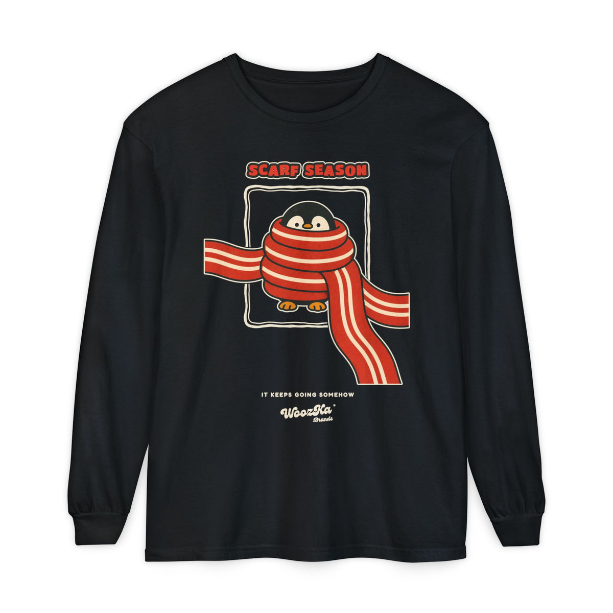 WoozKa Brands Scarf Season Penguin Long Sleeve T-Shirt, Front Graphic