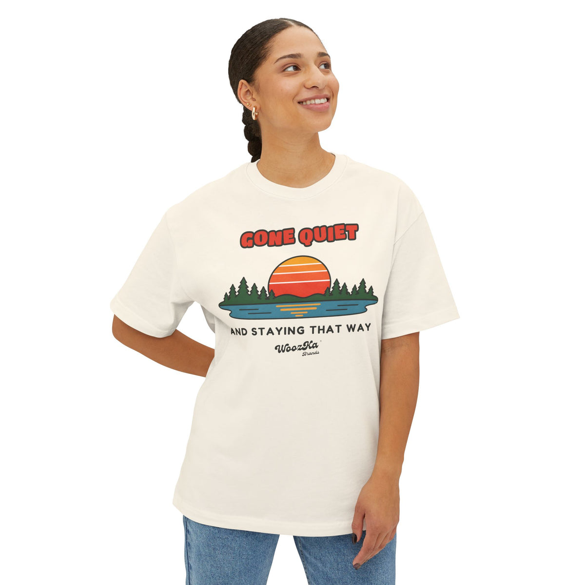 WoozKa Brands Retro Sunset Lake Oversized Tee, Nature Outdoors Front Print