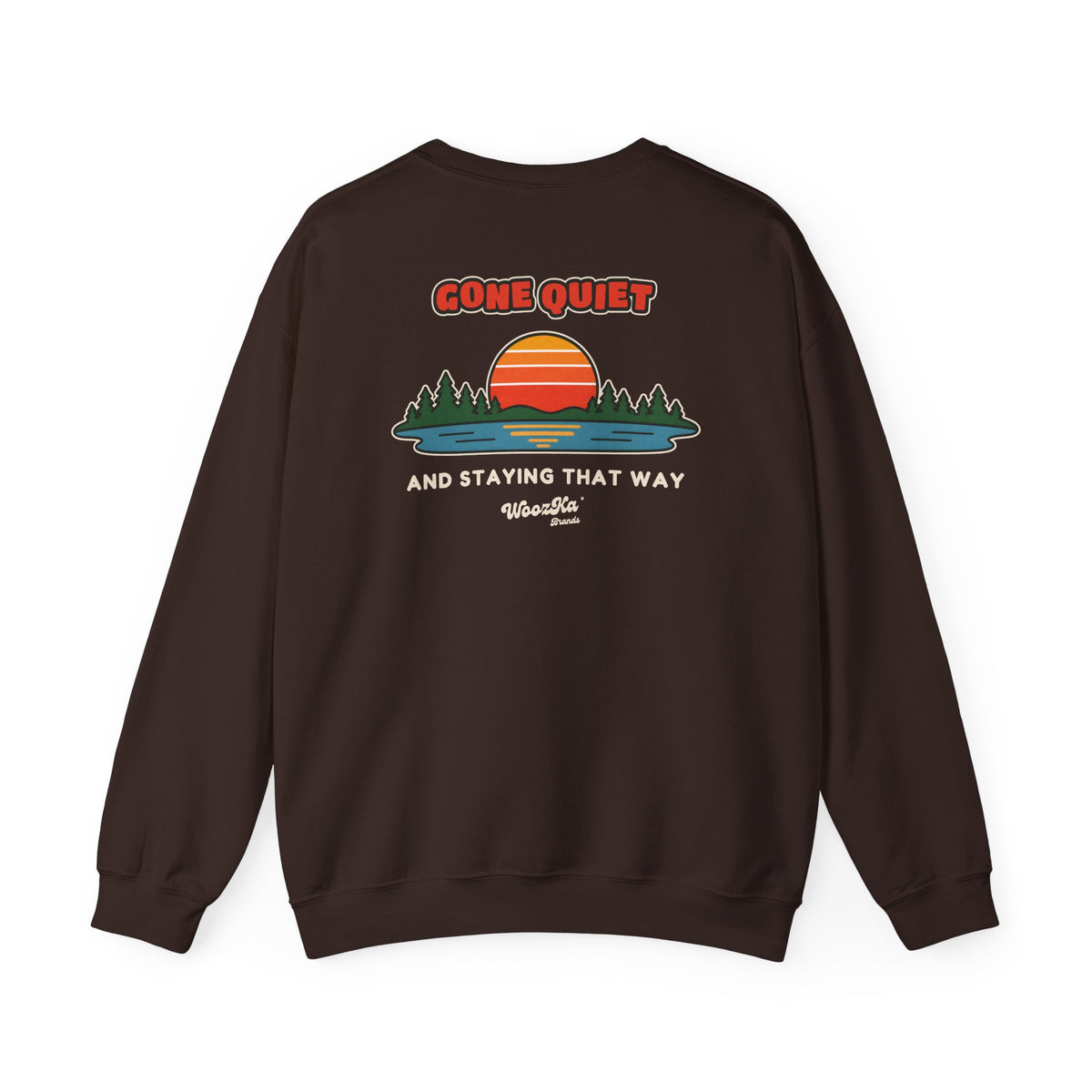 WoozKa Brands Retro Sunset Lake Sweatshirt, Nature Outdoors Pine Back Print