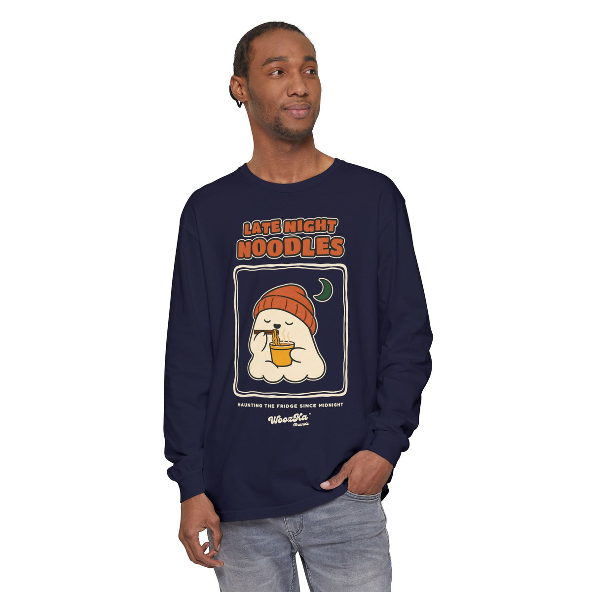 WoozKa Brands Late Night Noodles Ghost Long Sleeve T-Shirt, Front Graphic