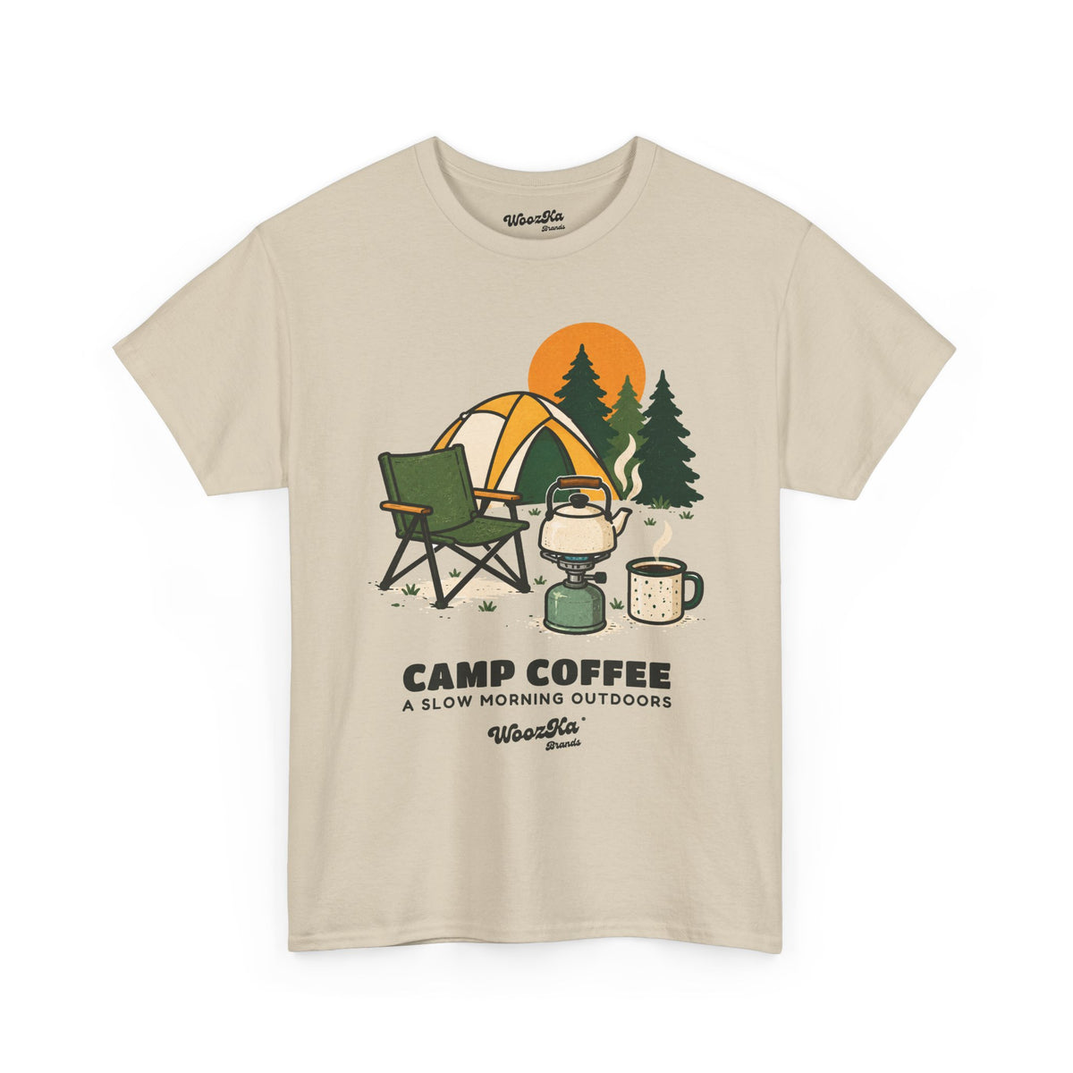 WoozKa Brands Camping Coffee T-Shirt, Outdoor Tent Kettle Front Print