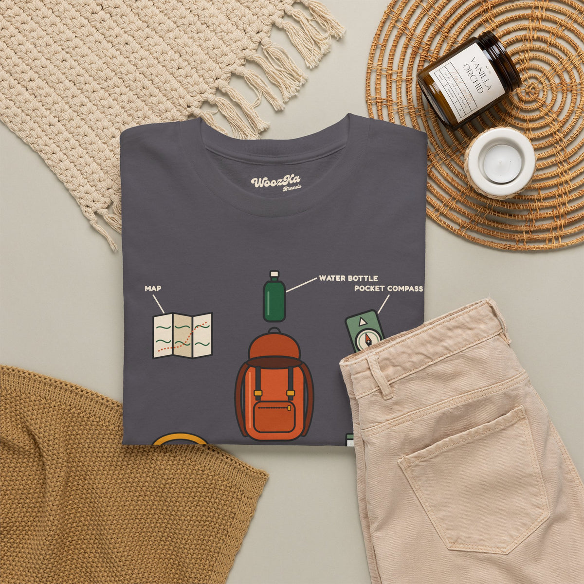 WoozKa Brands Hiking T-Shirt, Backpacking Gear List Front Print
