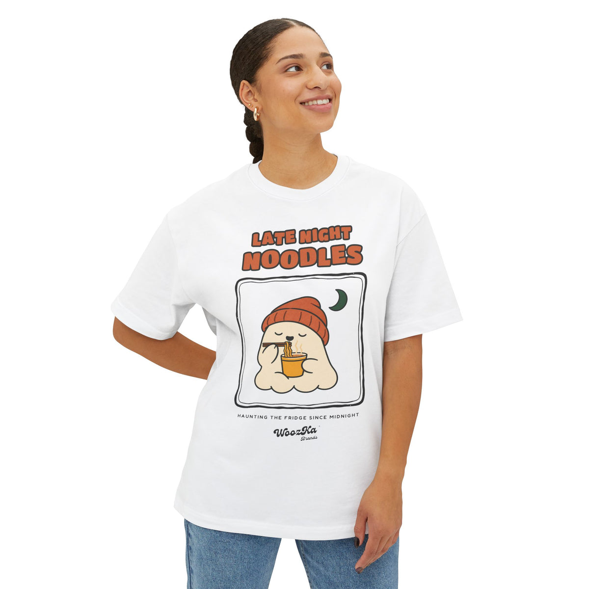 WoozKa Brands Late Night Noodles Ghost Oversized Boxy T-Shirt, Front Print