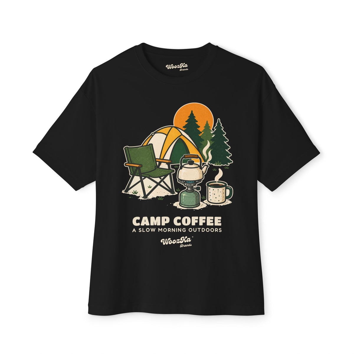 WoozKa Brands Camping Coffee Oversized Tee, Outdoor Tent Kettle Front Print