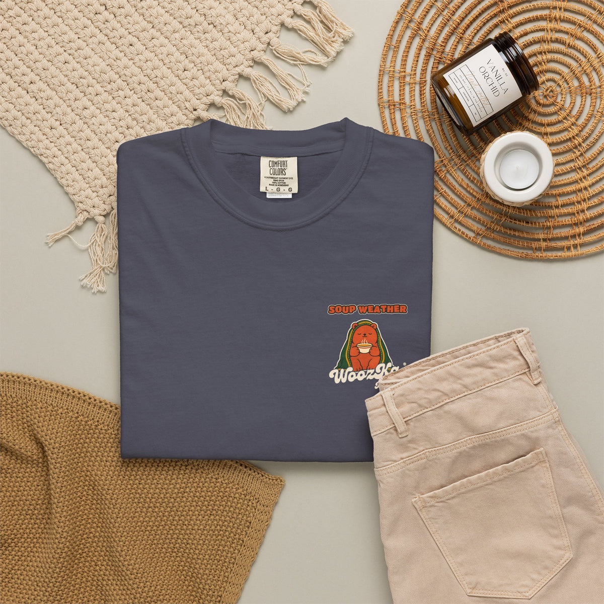 WoozKa Brands Soup Weather Bear Garment-Dyed T-Shirt, Two-Sided Graphic