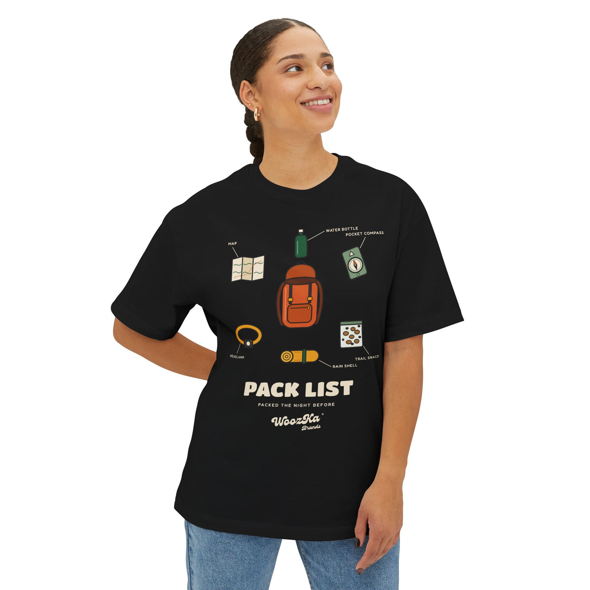 WoozKa Brands Hiking Oversized Tee, Backpacking Gear List Front Print