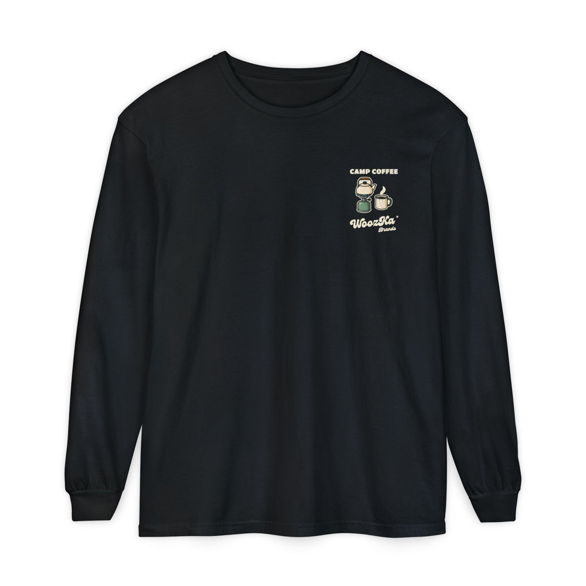 WoozKa Brands Camping Coffee Long Sleeve Tee, Outdoor Tent Back Print