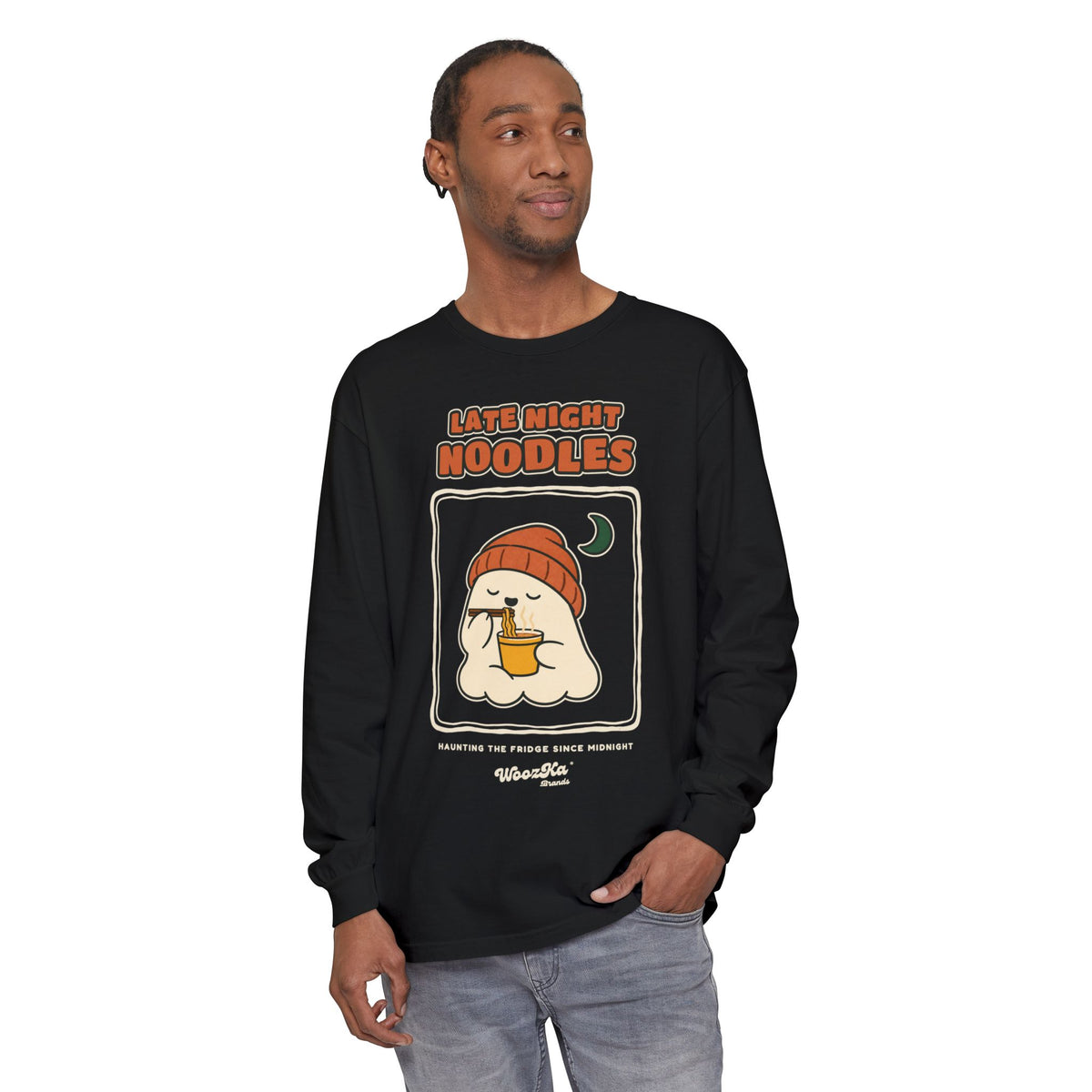 WoozKa Brands Late Night Noodles Ghost Long Sleeve T-Shirt, Front Graphic