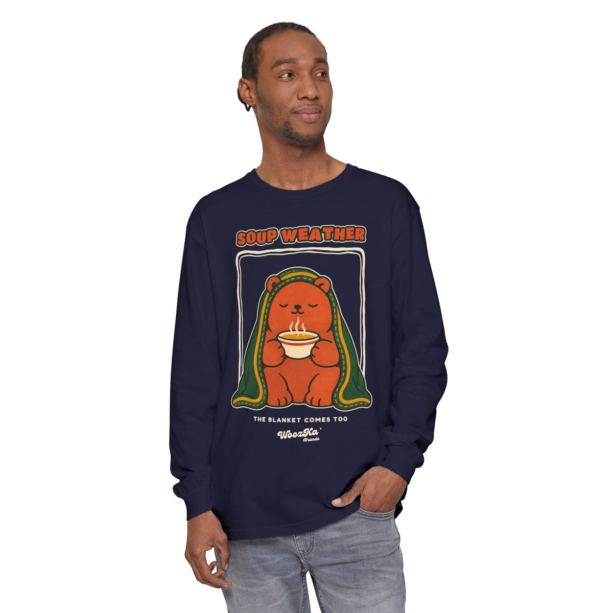 WoozKa Brands Soup Weather Bear Long Sleeve T-Shirt, Front Graphic
