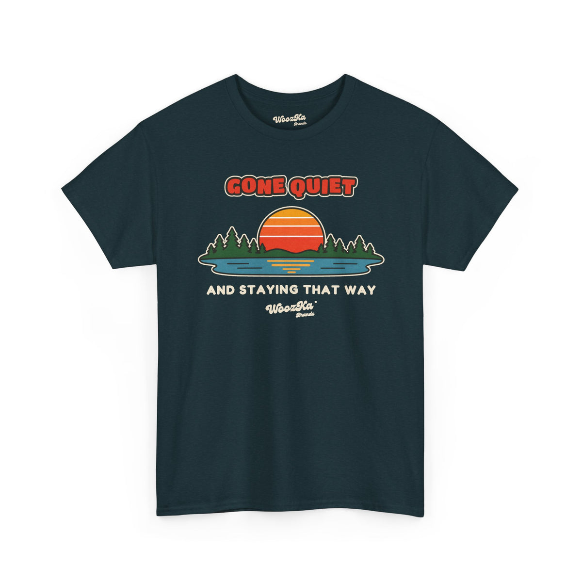 WoozKa Brands Retro Sunset Lake T-Shirt, Nature Outdoors Pine Front Print