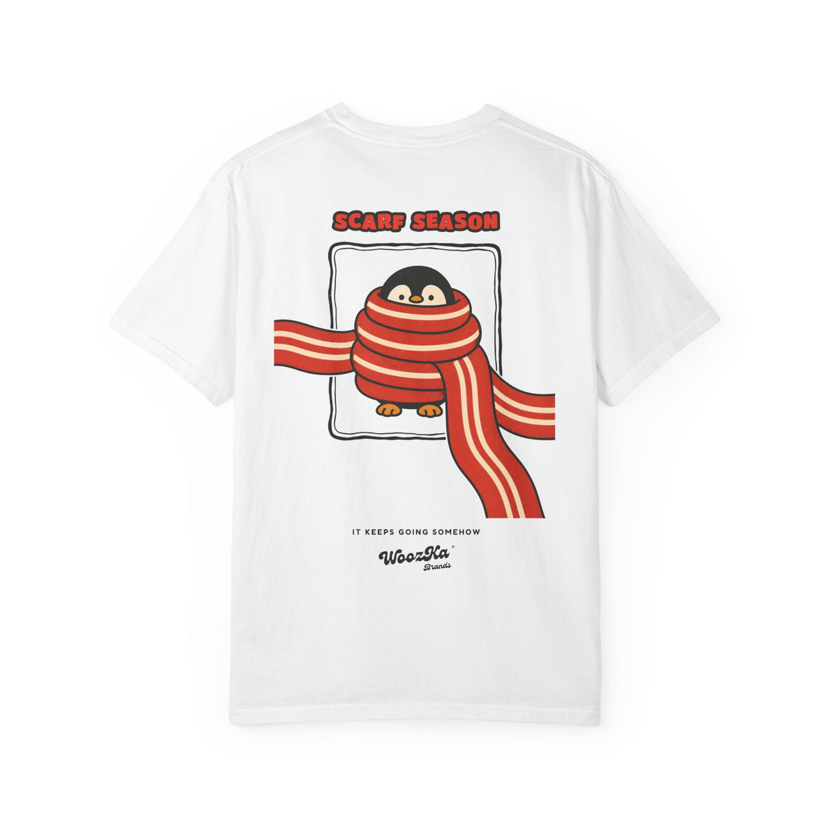 WoozKa Brands Scarf Season Penguin Garment-Dyed T-Shirt, Two-Sided Graphic