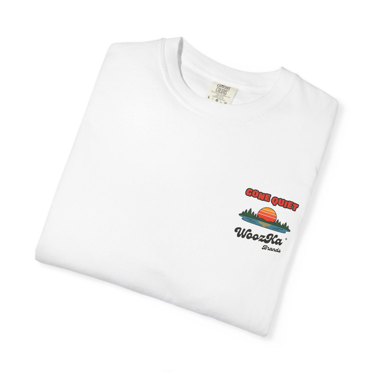 WoozKa Brands Retro Sunset Lake Heavyweight Tee, Nature Outdoors Back Print