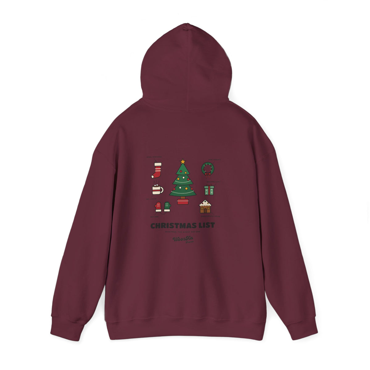 WoozKa Brands Cute Christmas Tree Hoodie, Holiday List Back Print