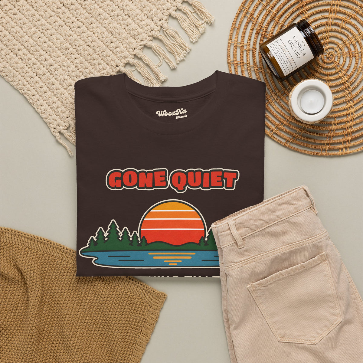 WoozKa Brands Retro Sunset Lake T-Shirt, Nature Outdoors Pine Front Print