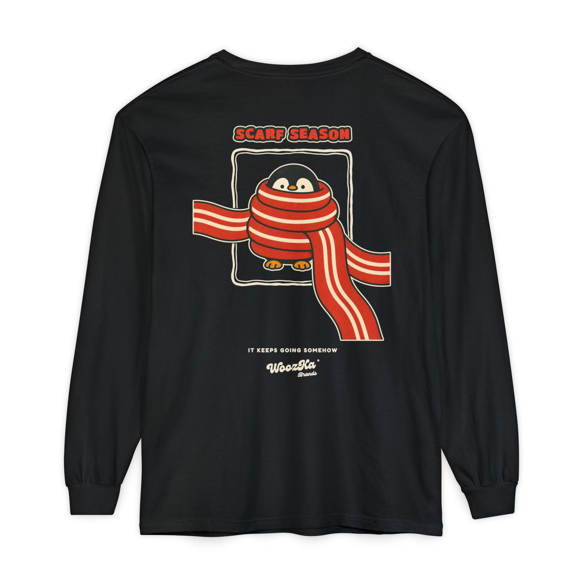 WoozKa Brands Scarf Season Penguin Long Sleeve T-Shirt, Two-Sided Graphic