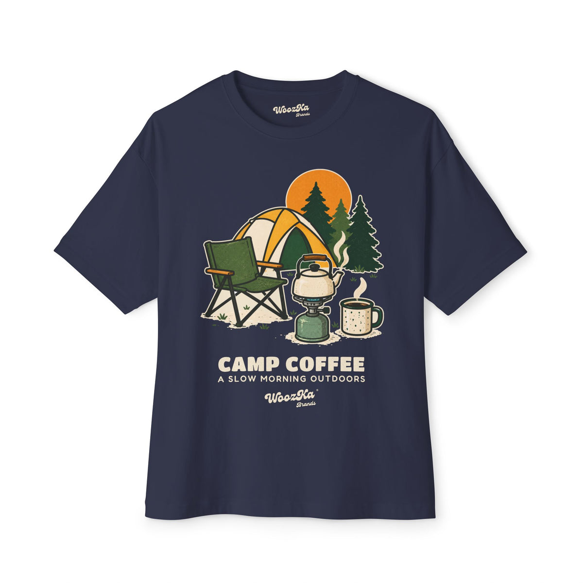 WoozKa Brands Camp Coffee Camping Oversized Boxy T-Shirt, Front Graphic