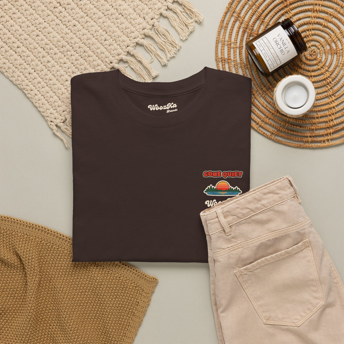 WoozKa Brands Retro Sunset Lake T-Shirt, Nature Outdoors Pine Back Print
