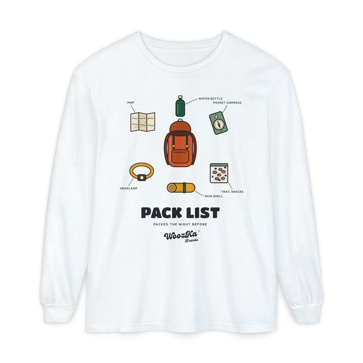 WoozKa Brands Hiking Long Sleeve Tee, Backpacking Gear List Front Print