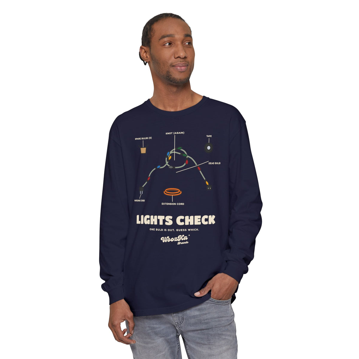 WoozKa Brands Christmas Lights Long Sleeve Tee, Funny Holiday Front Print