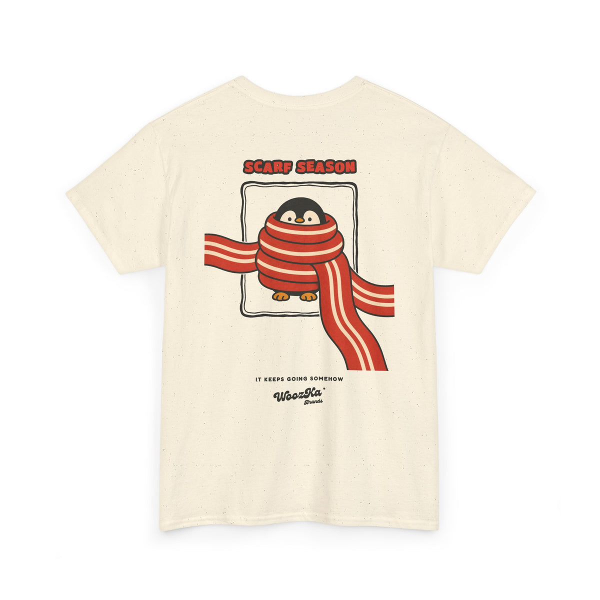 WoozKa Brands Scarf Season Penguin Heavy Cotton T-Shirt, Two-Sided Graphic