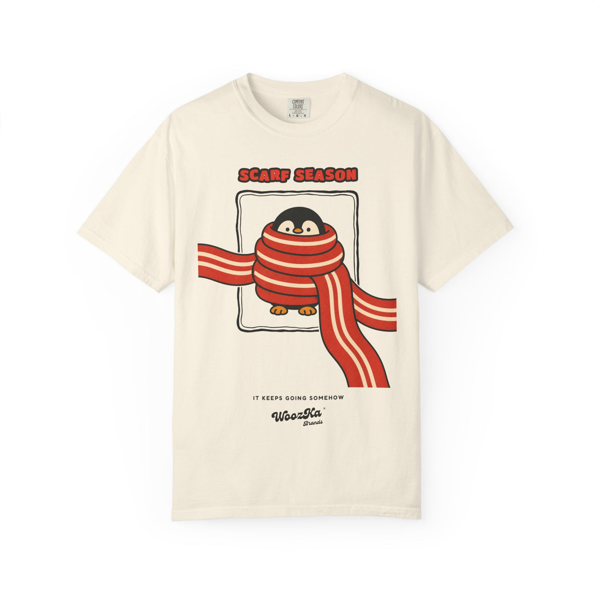 WoozKa Brands Scarf Season Penguin Garment-Dyed T-Shirt, Front Graphic